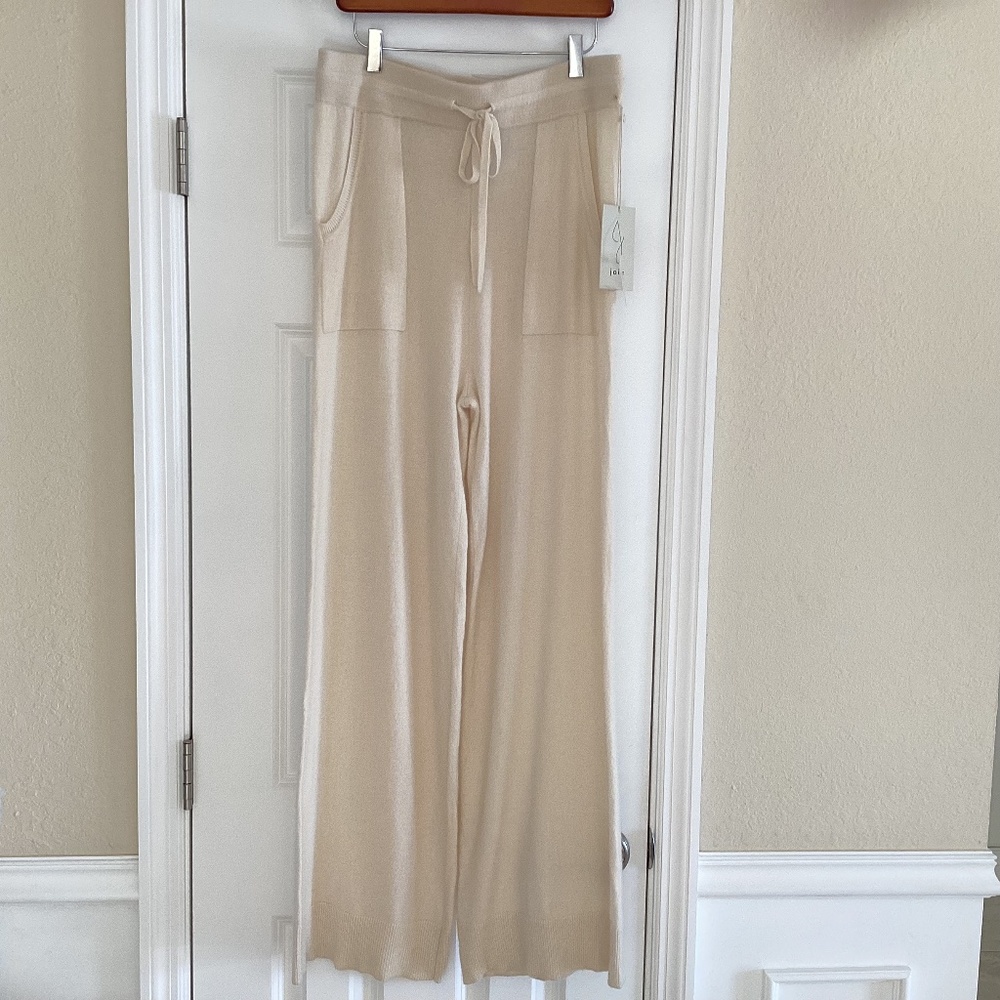Joie 2-Ply Cashmere Wide Leg High Waist Knit Pants Pockets Ivory White Luxury